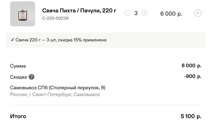 Корзина: три свечи 220 г, скидка 15% применена